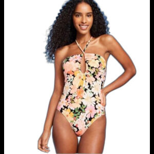 Shade & Shore Floral Halter Keyhole Bandeau One Piece Swimsuit Medium NWT